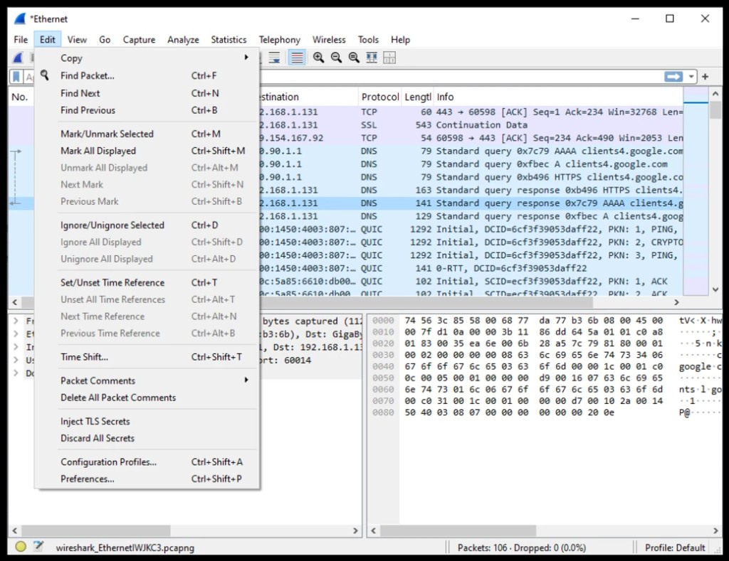 Wireshark Edit menu with Find Packet, mark packet, and Preferences options