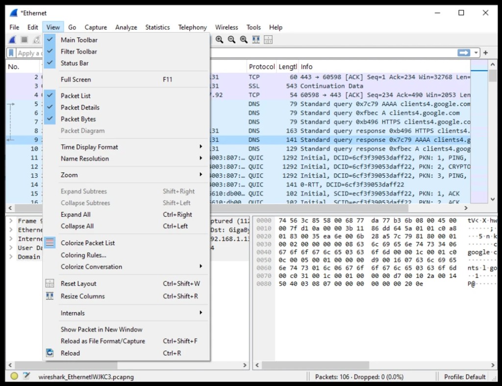 Wireshark View menu showing pane visibility, time format, and zoom options