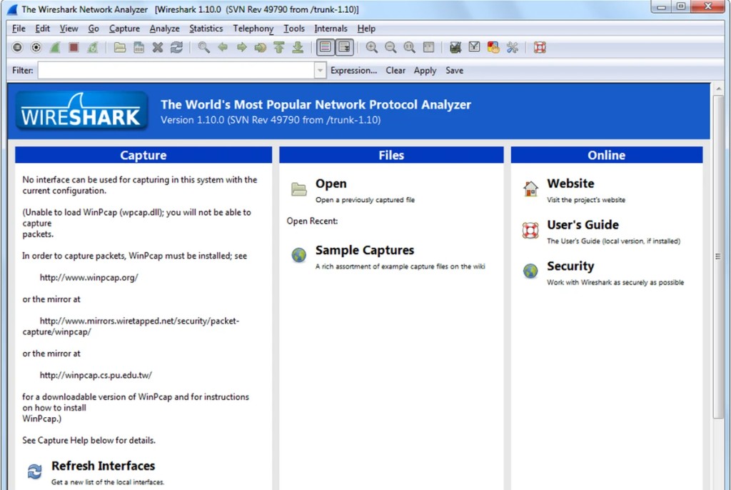 Wireshark welcome screen with Capture, Files, and Online columns