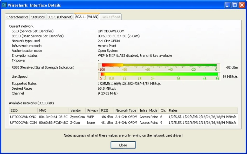 Wireshark 802.11 WLAN interface details with RSSI, link speed, and nearby access points